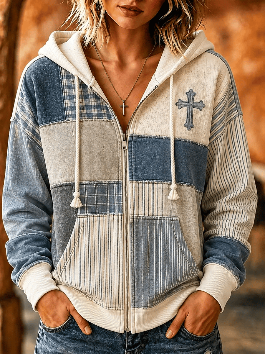 Women's Retro Faith Print Zip-Up Hooded Sweatshirt