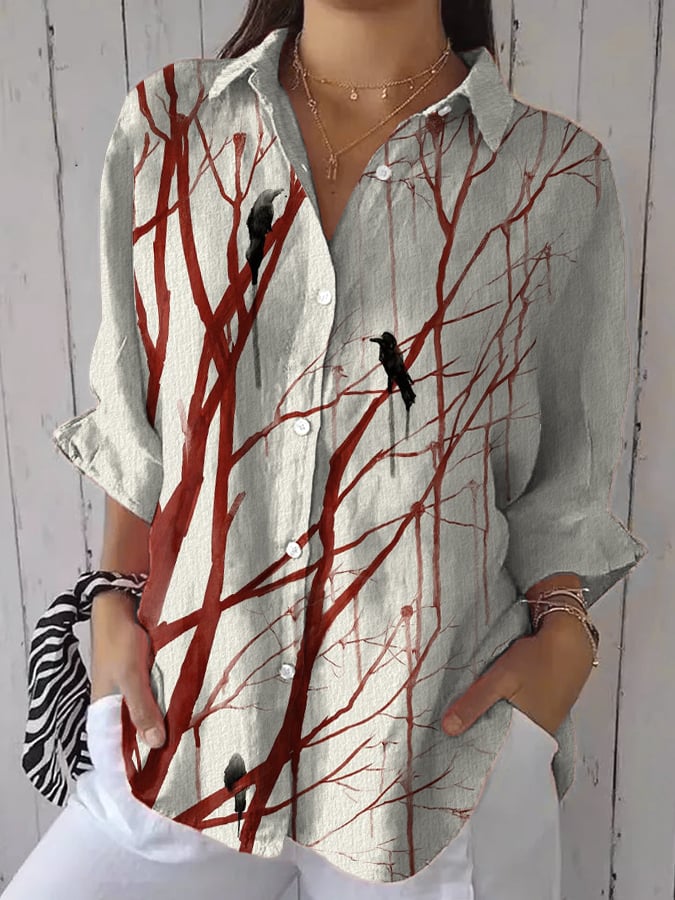 Women's Bloodstained Crow Print Lapel Shirt