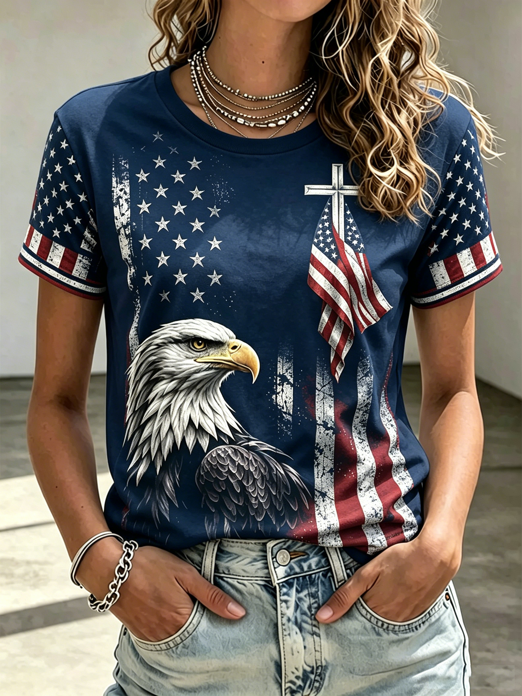 American Cross Flag Eagle Commemorative Print Round Neck Top
