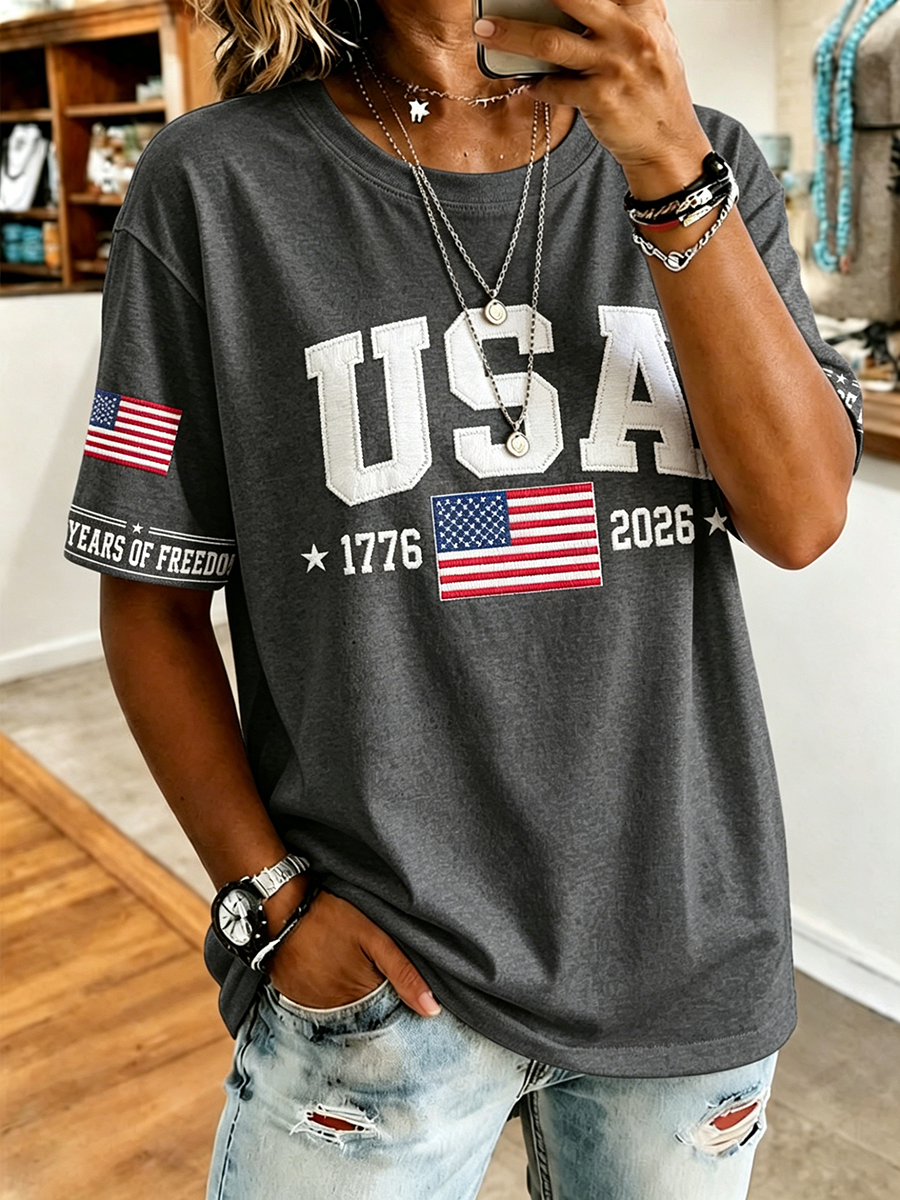 American Commemorative Embroidered Round Neck Top