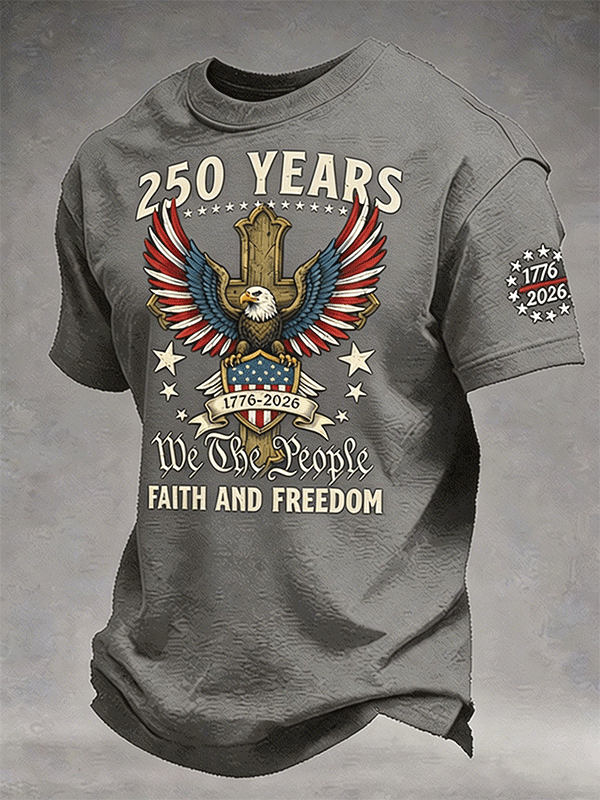 Men's 250 Years We The People Faith Freedom Eagle Cross 1776-2026 Vintage T-Shirt