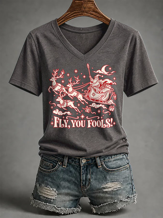 V-Neck Retro Funny Christmas Fly You Fools Reindeer Holiday Season Print T-Shirt