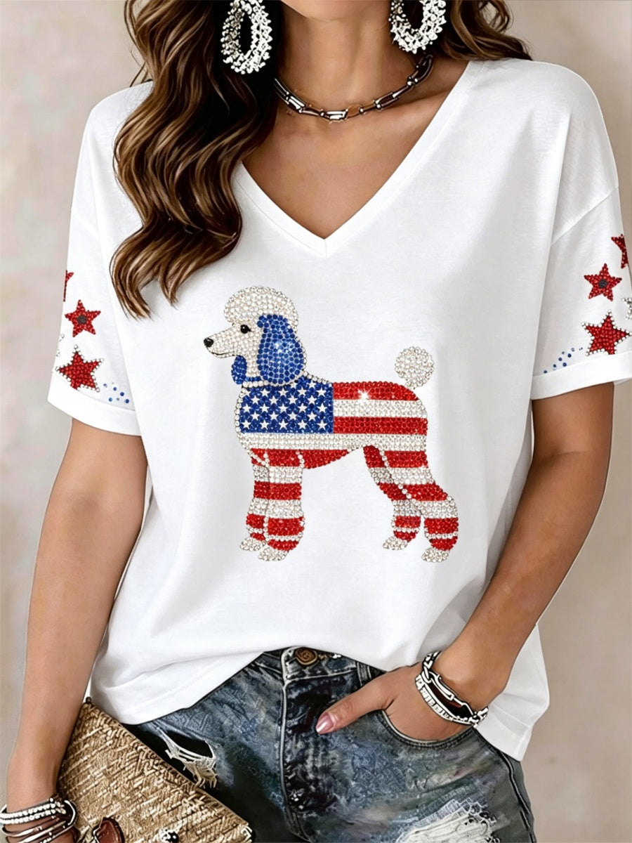 Women's Lovely Poodle Dog Rhinestone Pattern V-Neck T-Shirt
