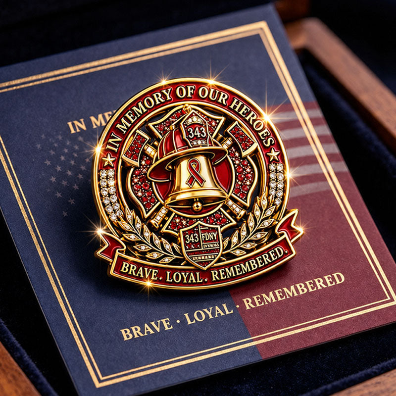 “In Memory of Our Heroes – Brave. Loyal. Remembered.” FDNY 343 Memorial Brooch Pin | Fire Bell Tribute Badge with Ribbon of Honor | 9.11 Commemorative Collectible