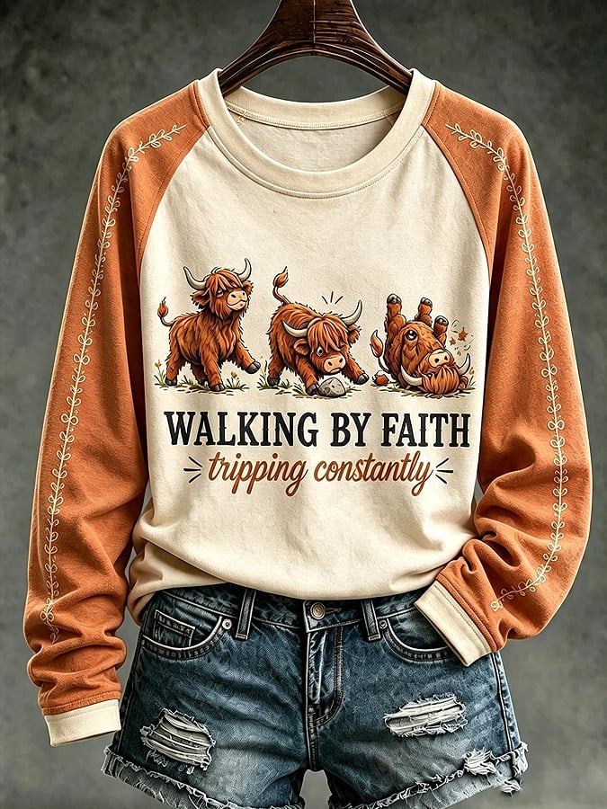 Women's Western Walking By Faith, Tripping Constantly Print Raglan-Sleeve Crewneck Sweatshirt