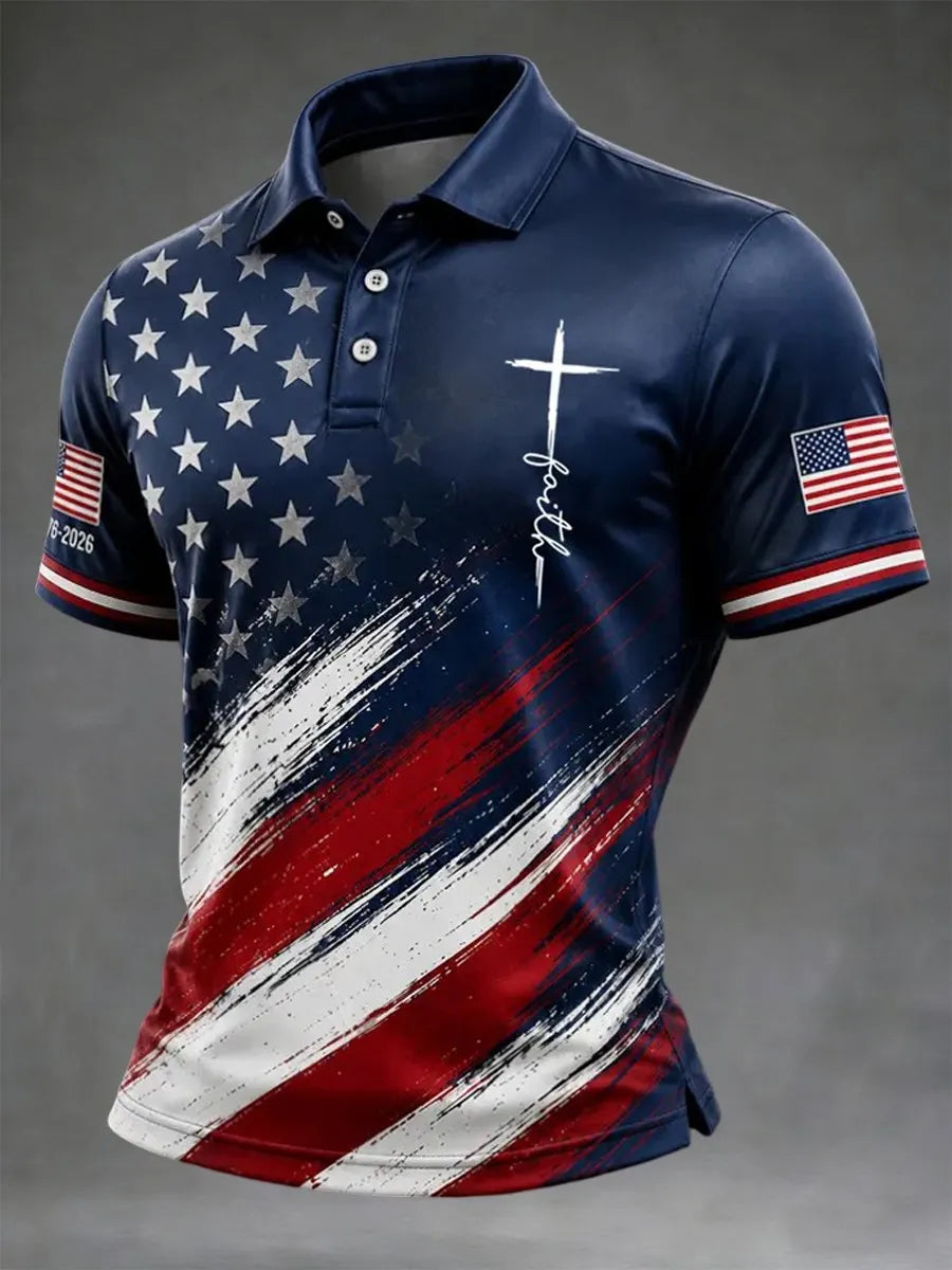 Men's American Flag Print Cross Faith Art Polo Shirt