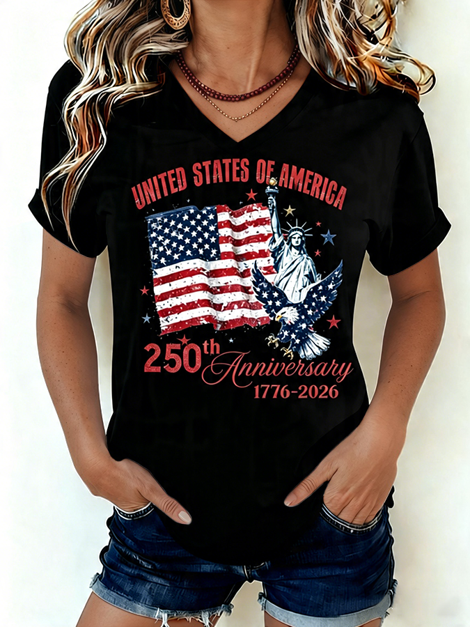 Women's 1776-2026 Statue of Liberty Anniversary Eagle Print V-neck T-shirt