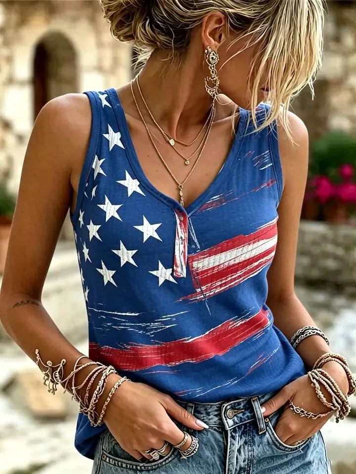 Women's American Flag Printed Cotton Ribbed Knitted Henley Tank Top