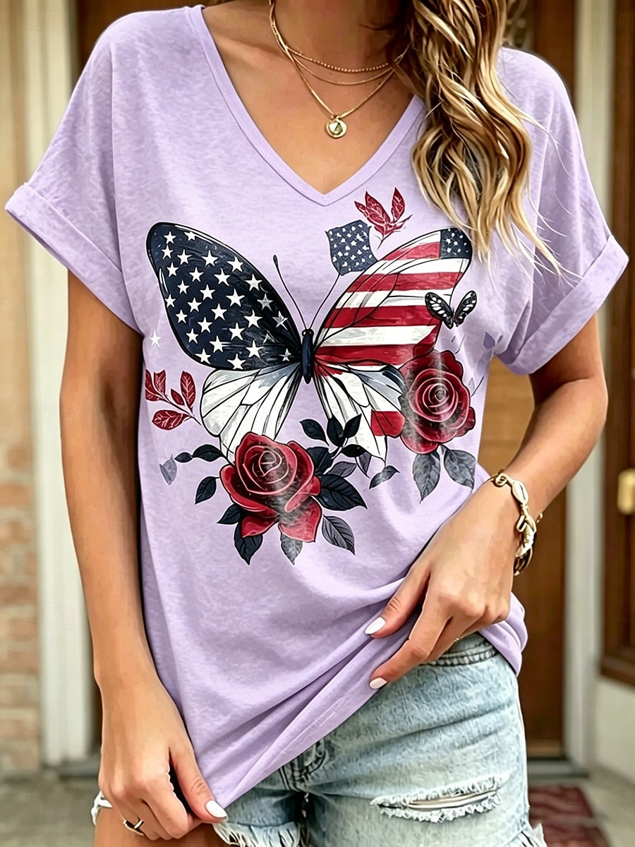 Women's Patriot Butterfly Flower Printed V-neck Short sleeved T-shirt