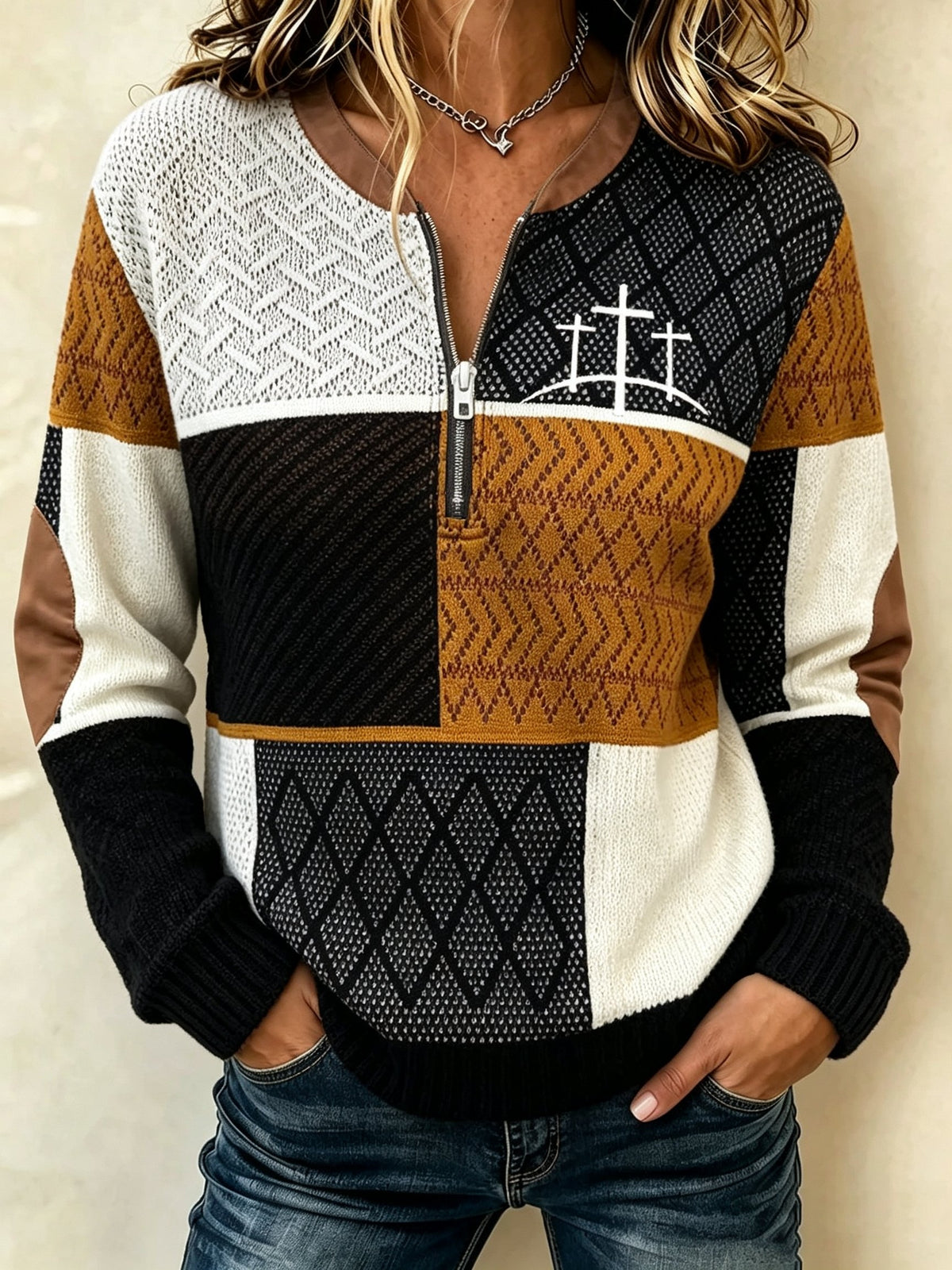 Women's Retro Faith Printed Long-Sleeve Knit Top