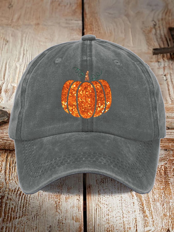 Unisex Washed Sequin Fall Pumpkin Print Hat
