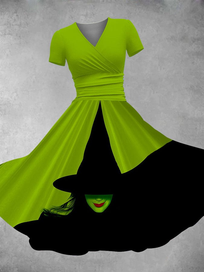 V Neck Retro Halloween Witch Print Maxi Dress