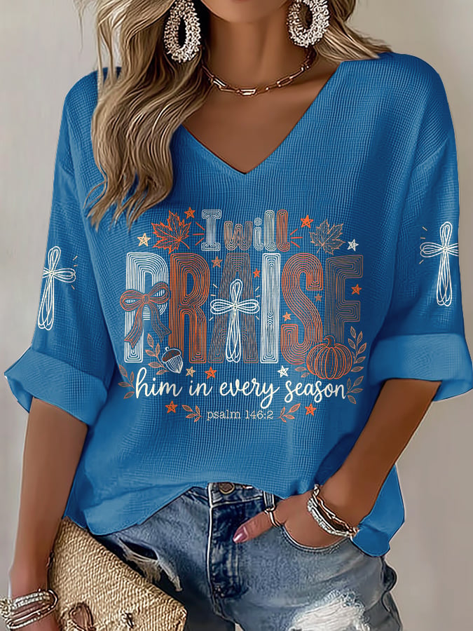 Women's Casual Printed Waffle Top