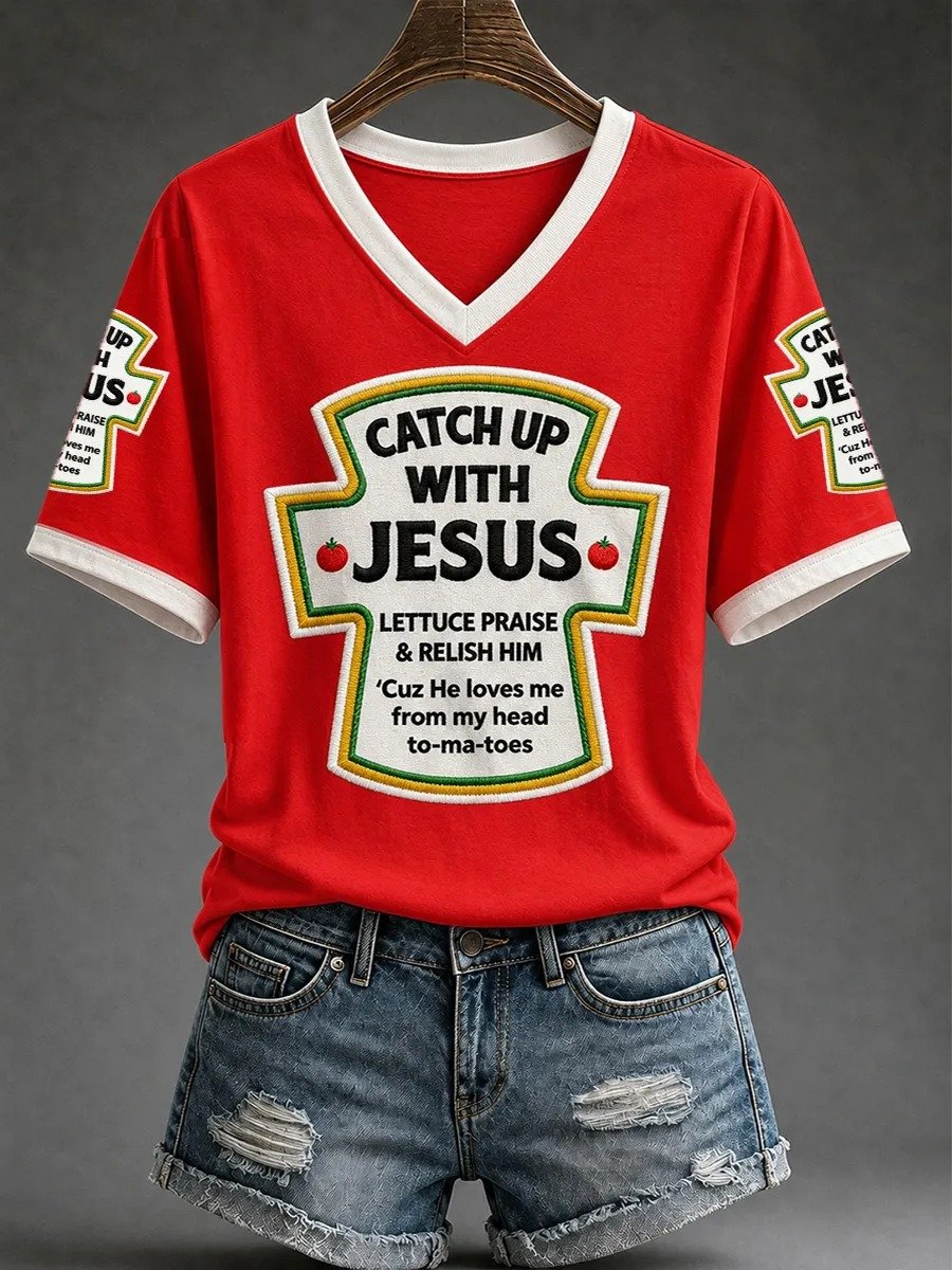Women's Catch Up With Jesus Print Casual V-Neck Tee
