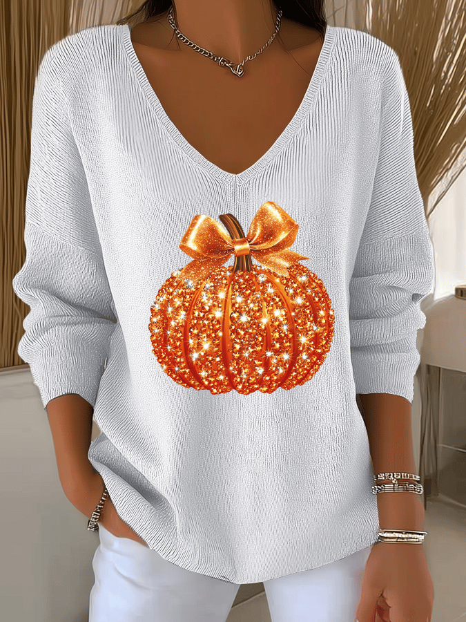 Women's Sequined Pumpkin Print Knit V-Neck Top