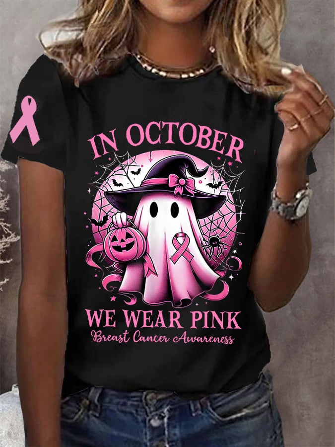 Women's In October We Wear Pink Halloween Ghost Breast Cancer Awareness Warrior Tee