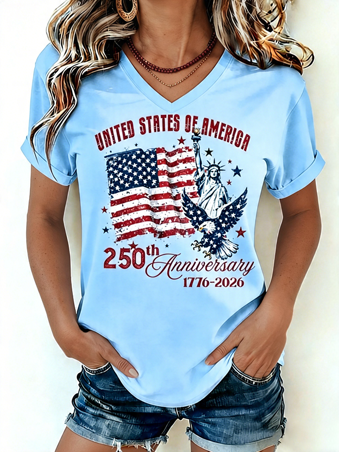 Women's 1776-2026 Statue of Liberty Anniversary Eagle Print V-neck T-shirt