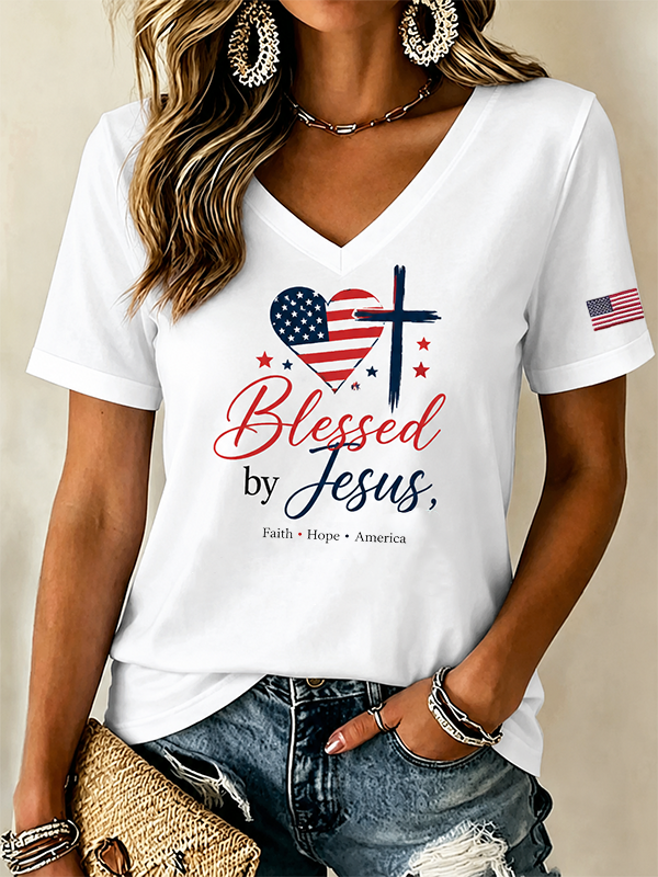 Women's Blessed By Jesus Faith Hope America Heart USA Flag Print T-Shirt