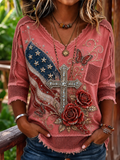 Women's Distressed Mesh Fringe USA Flag Cross Rose Print V Neck Casual T-shirt