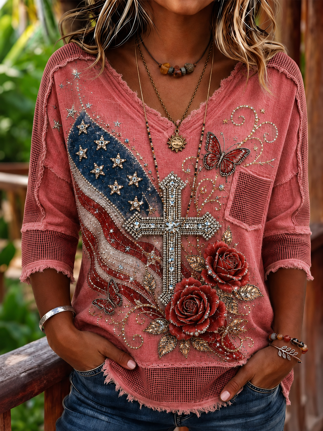 Women's Distressed Mesh Fringe USA Flag Cross Rose Print V Neck Casual T-shirt