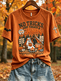 Women's No Tricks Just Treats & Jesus Fall Camping Christian Ghost Print Short-Sleeved T-Shirt