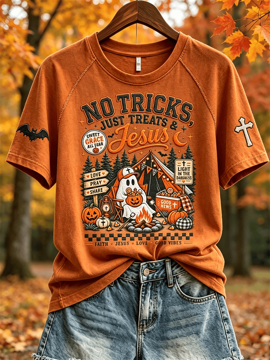 Women's No Tricks Just Treats & Jesus Fall Camping Christian Ghost Print Short-Sleeved T-Shirt