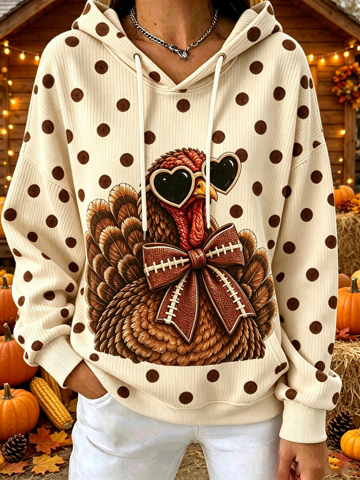 Women's Fun Turkey Football Print Hooded Knit Top
