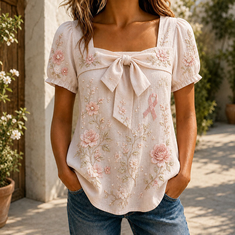 Pink Lavender Floral Ribbon Bow Short Sleeve Blouse