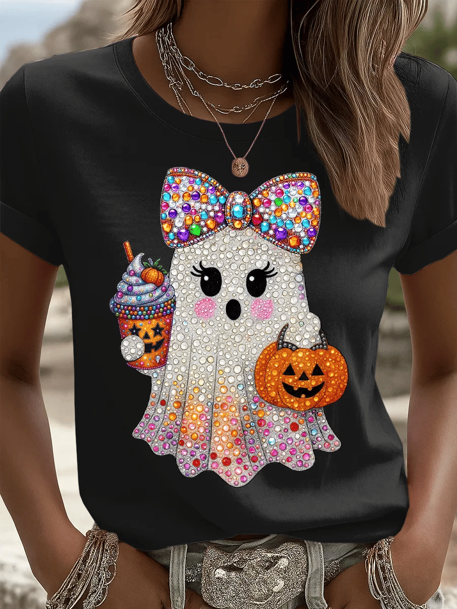 Women's Halloween Pumpkin Ghost Art Print T-shirt