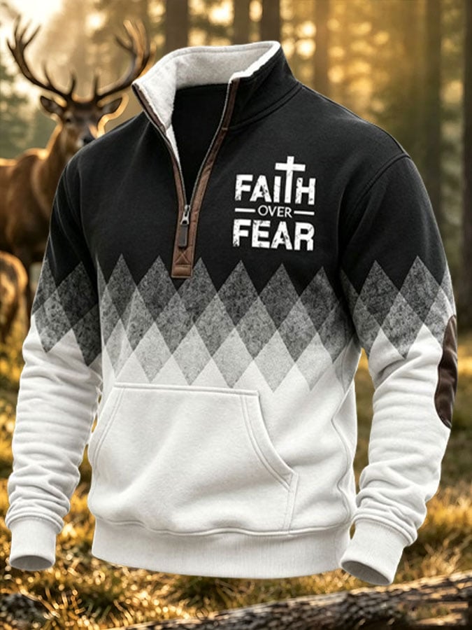 Men's Vintage Western FAITH Print Plush Stand-Collar Zip-Up Sweatshirt