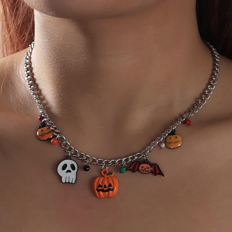 Fashionable, Personalized And Creative Multi-Element Pumpkin, Devil And Bat Design Necklace