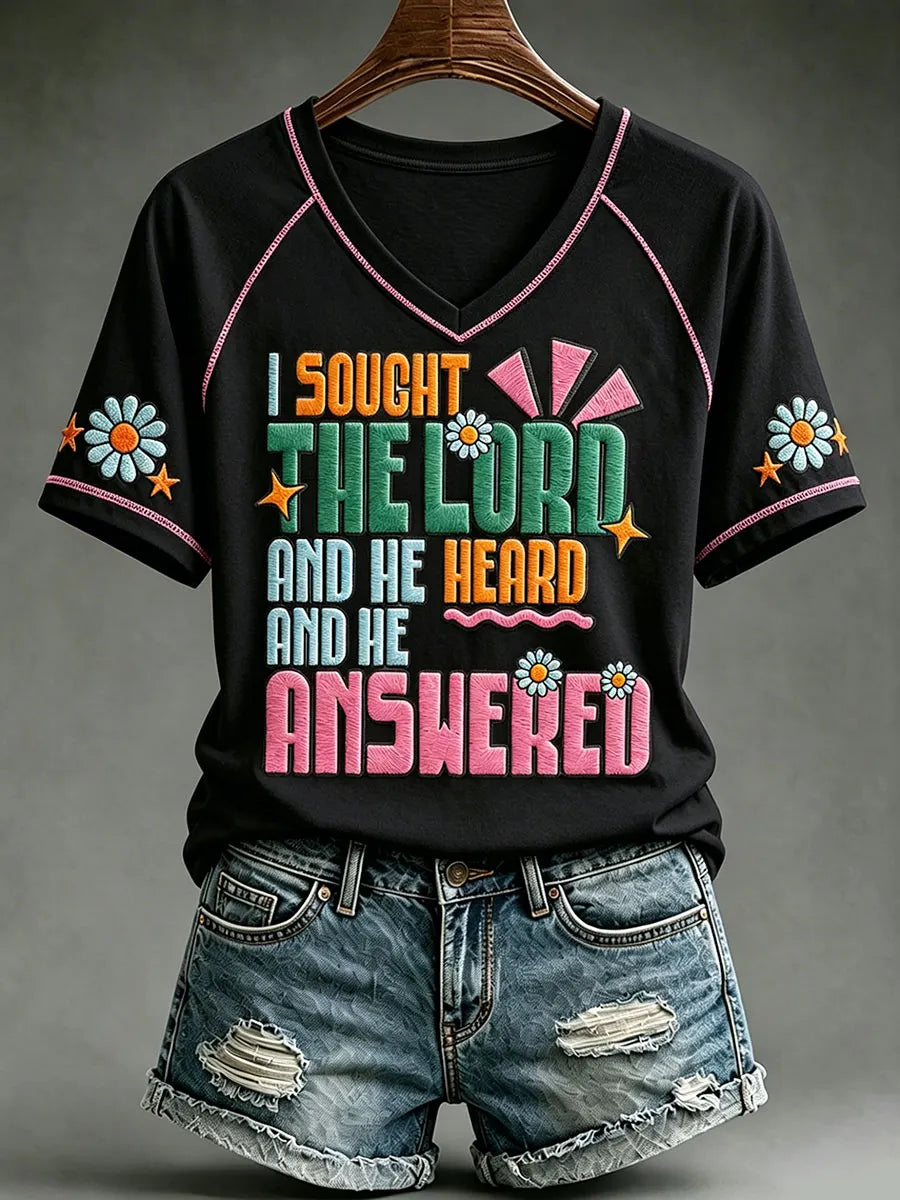 Women's "I sought the lord and he heard and he answered" V-neck T-shirts