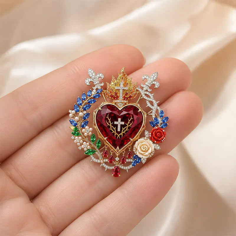 Luxurious Vintage Palace Style: Radiant Sacred Heart Floral Gemstone Brooch