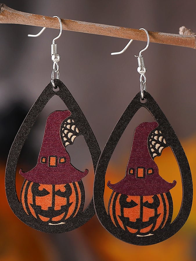 Halloween Gothic Ghost Face Pumpkin Witch Hat Pendant Wooden Double Sided Earrings