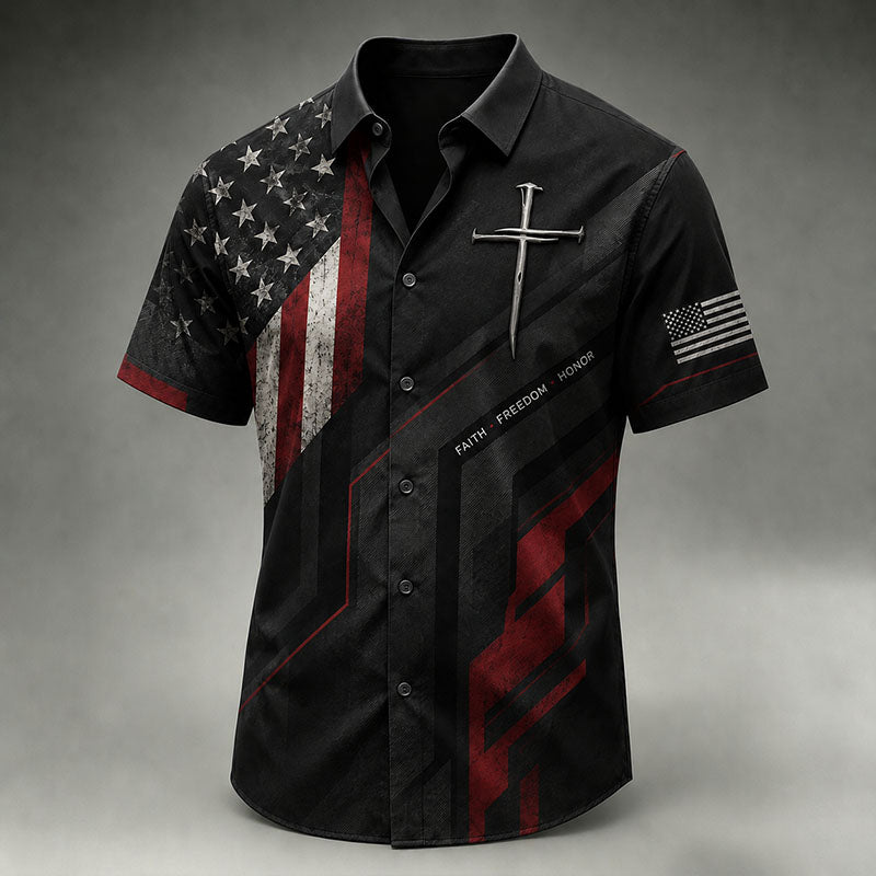 Men’s Black Red Faith Patriotic Tactical Short Sleeve Shirt