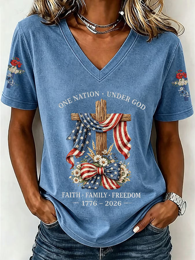Women'S America Flag Floral Print Casual V-Neck T-Shirt
