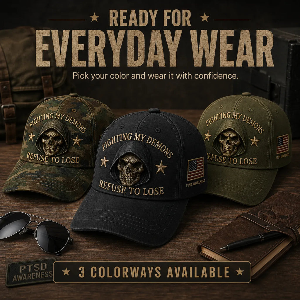 🔥 Father’s Day Sale - ❤️ “Fighting My Demons” PTSD Awareness Embroidered Cap 🇺🇸 – Refuse To Lose Edition 🖤💀