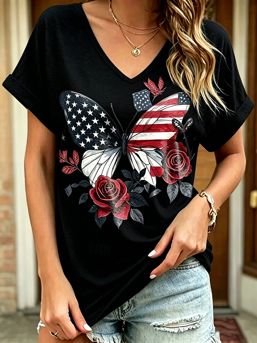 Women's Patriot Butterfly Flower Printed V-neck Short sleeved T-shirt