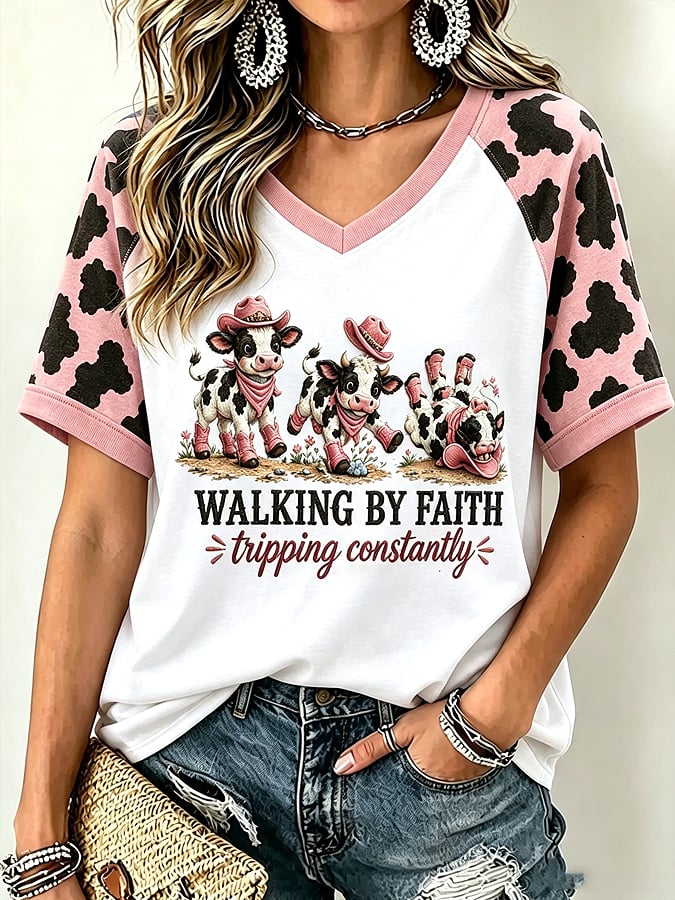 Women's Faith Highland Cow Print Raglan T-Shirt