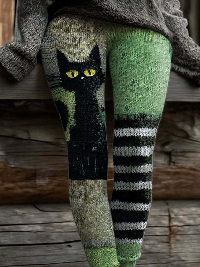 Women's Retro Halloween Animal Black Cat Contrast Cozy Print Leggings