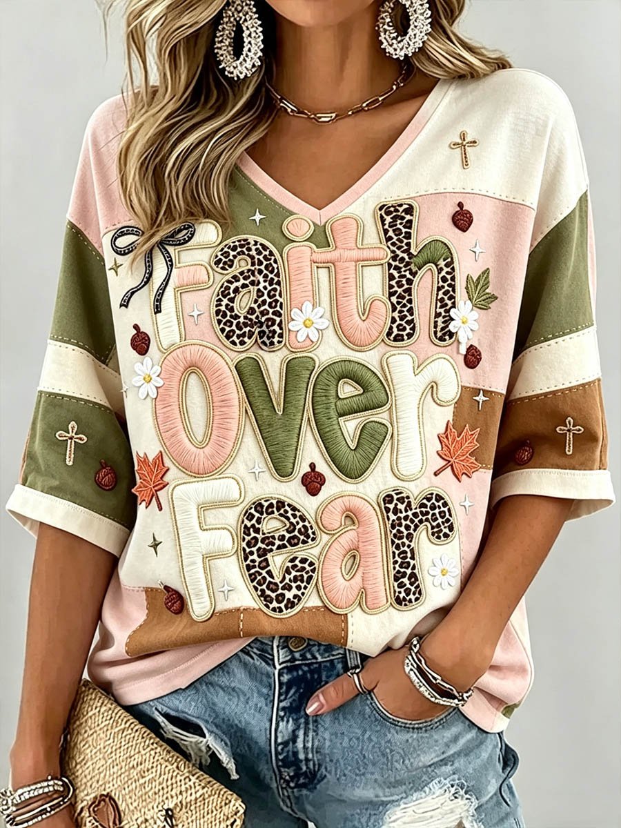 Women's Autumn Themed Faith Slogan Print Casual Top