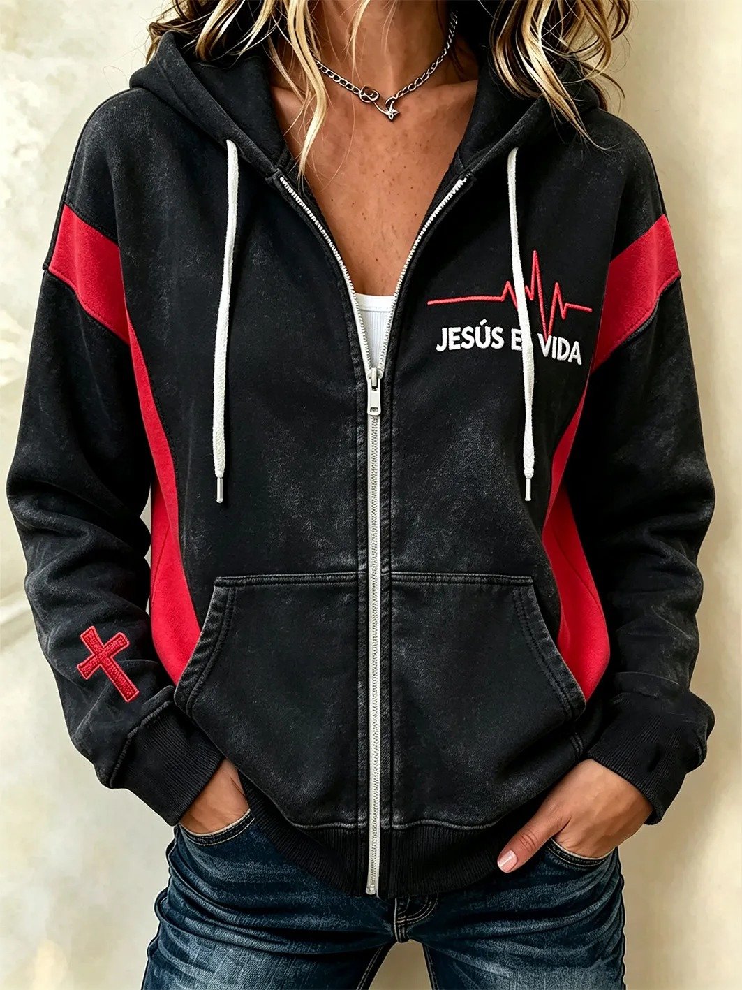 Women's faith-themed color-blocked design casual zip-up hoodie