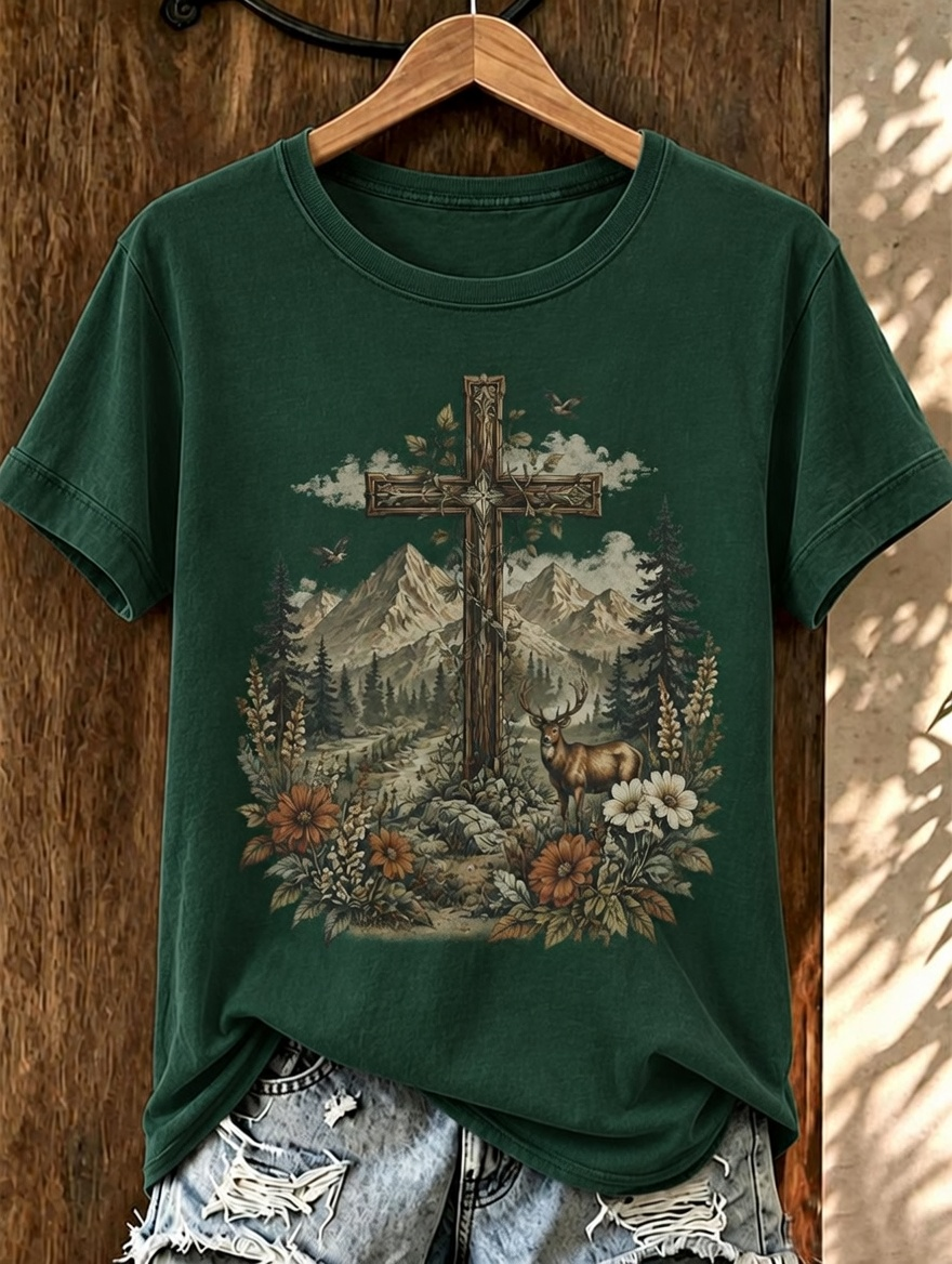 Mountain Deer Floral Cross Vintage Print Crew Neck Casual Short Sleeve T-Shirt
