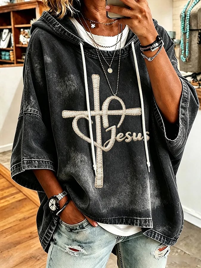 Retro Faith Pattern Hooded Short-Sleeve T-Shirt