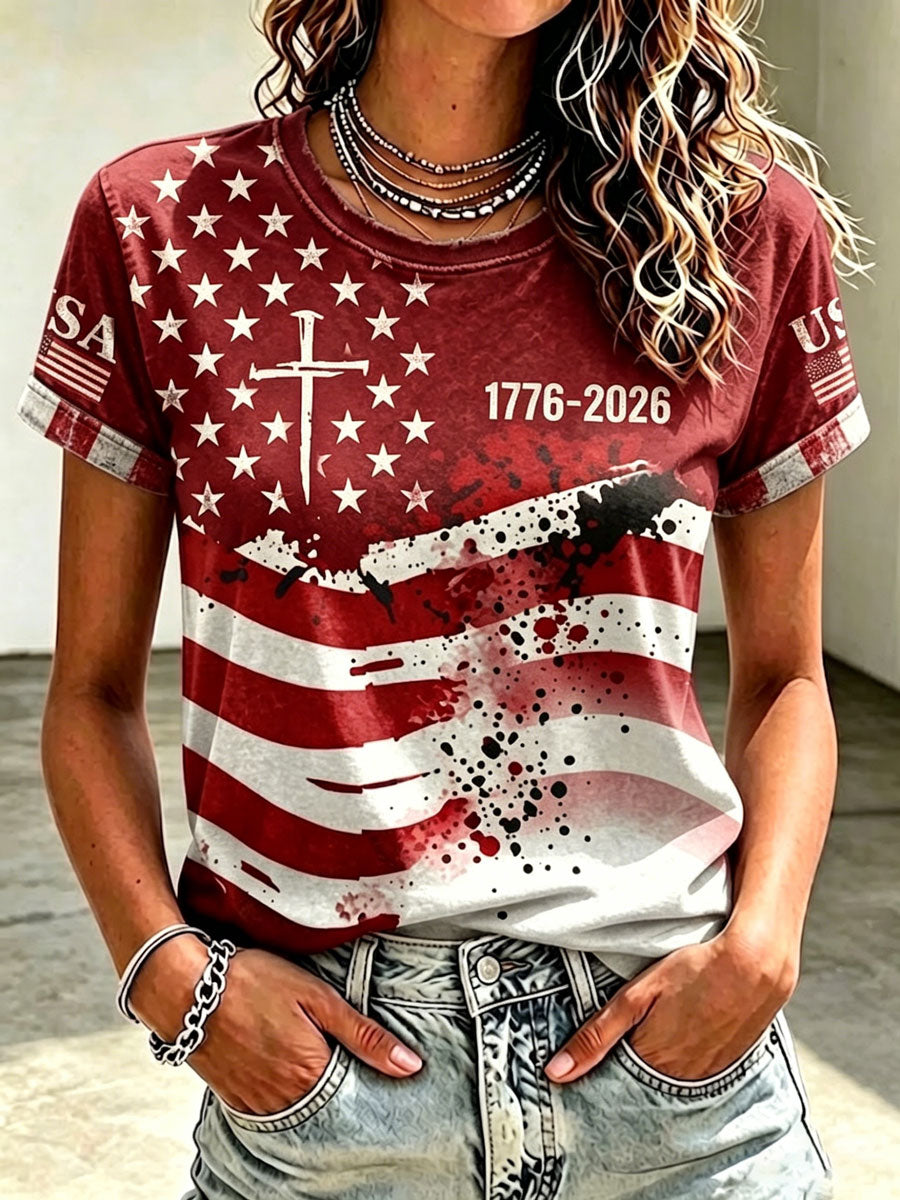 Ladies' Casual Round Neck American 250Th Anniversary Cross Print T-Shirt