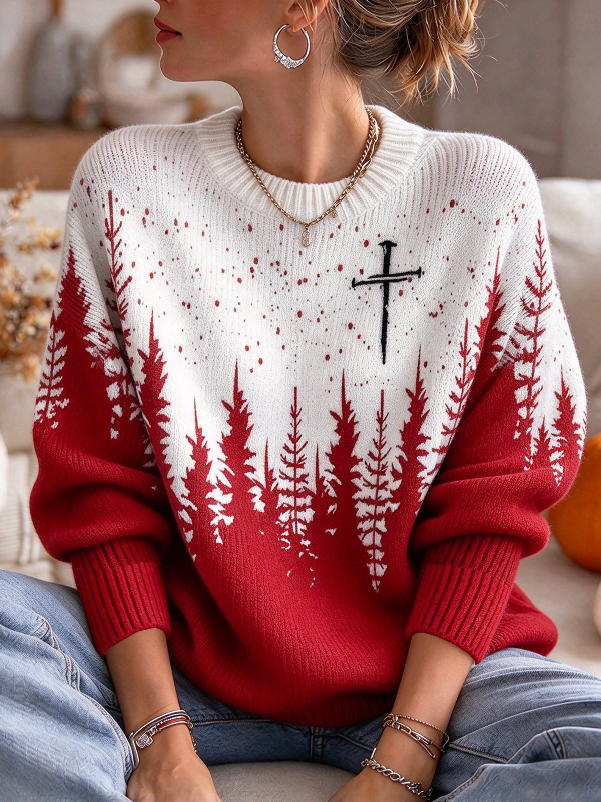Women's Christmas Faith Print Casual Knit Top