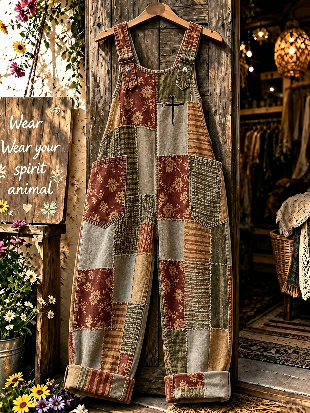 Women's Autumn Faith-Print Faux-Denim Jumpsuit