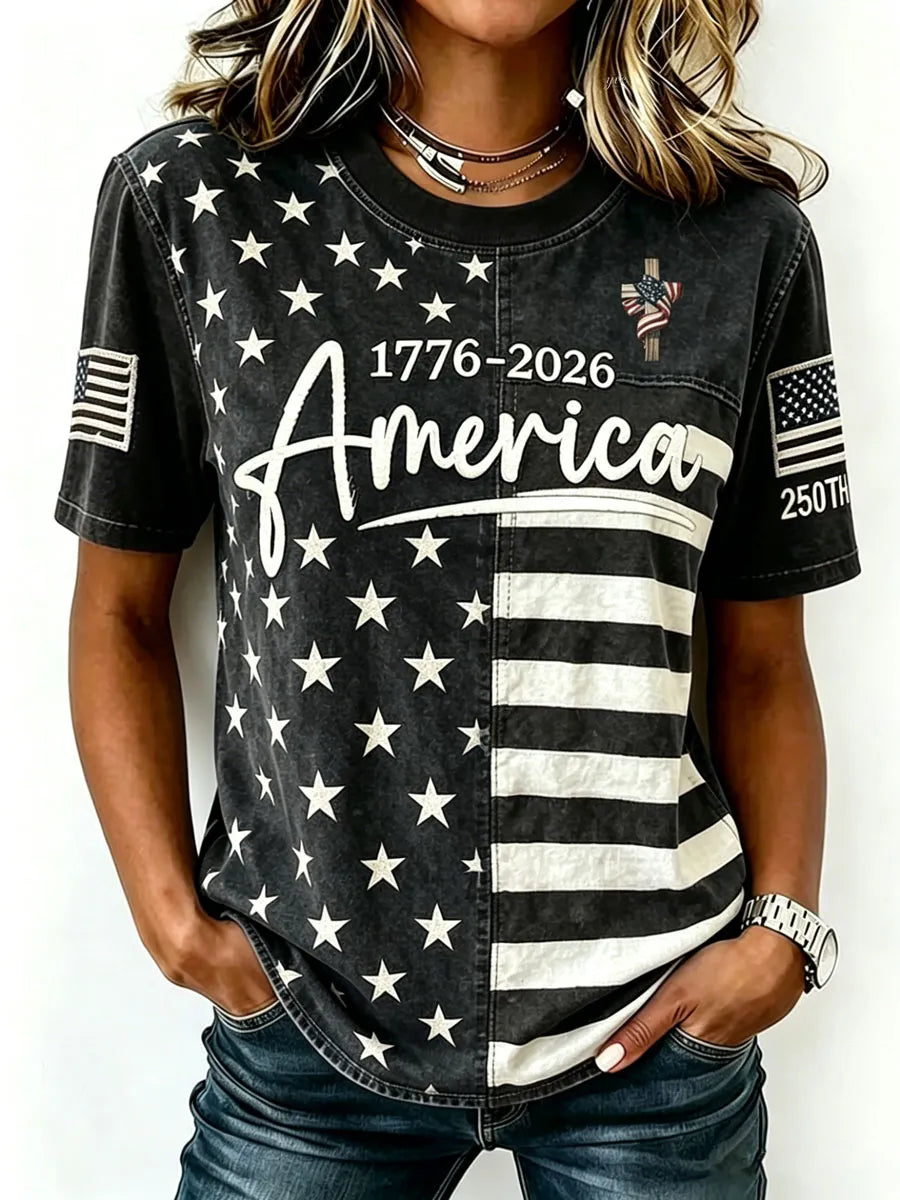 Ladies' Casual Round Neck American 250Th Anniversary Cross Print T-Shirt