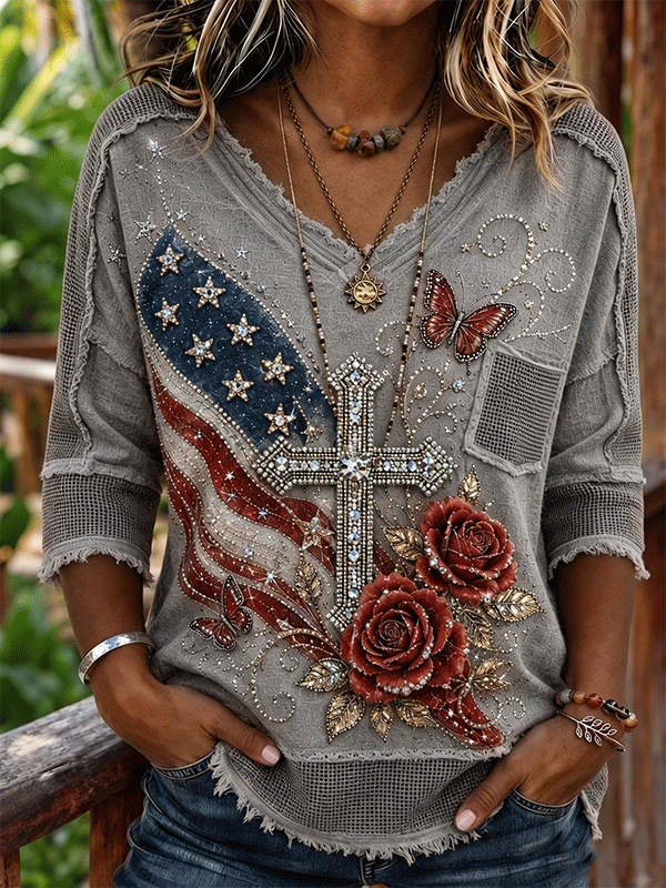 Women's Distressed Mesh Fringe USA Flag Cross Rose Print V Neck Casual T-shirt