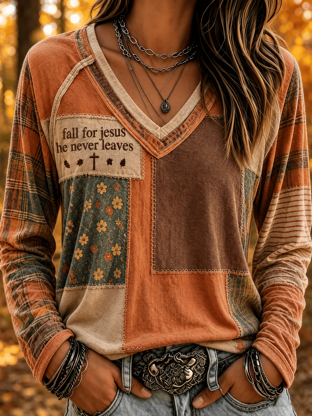 Women's Autumn-themed Printed V-neck Long Sleeve
